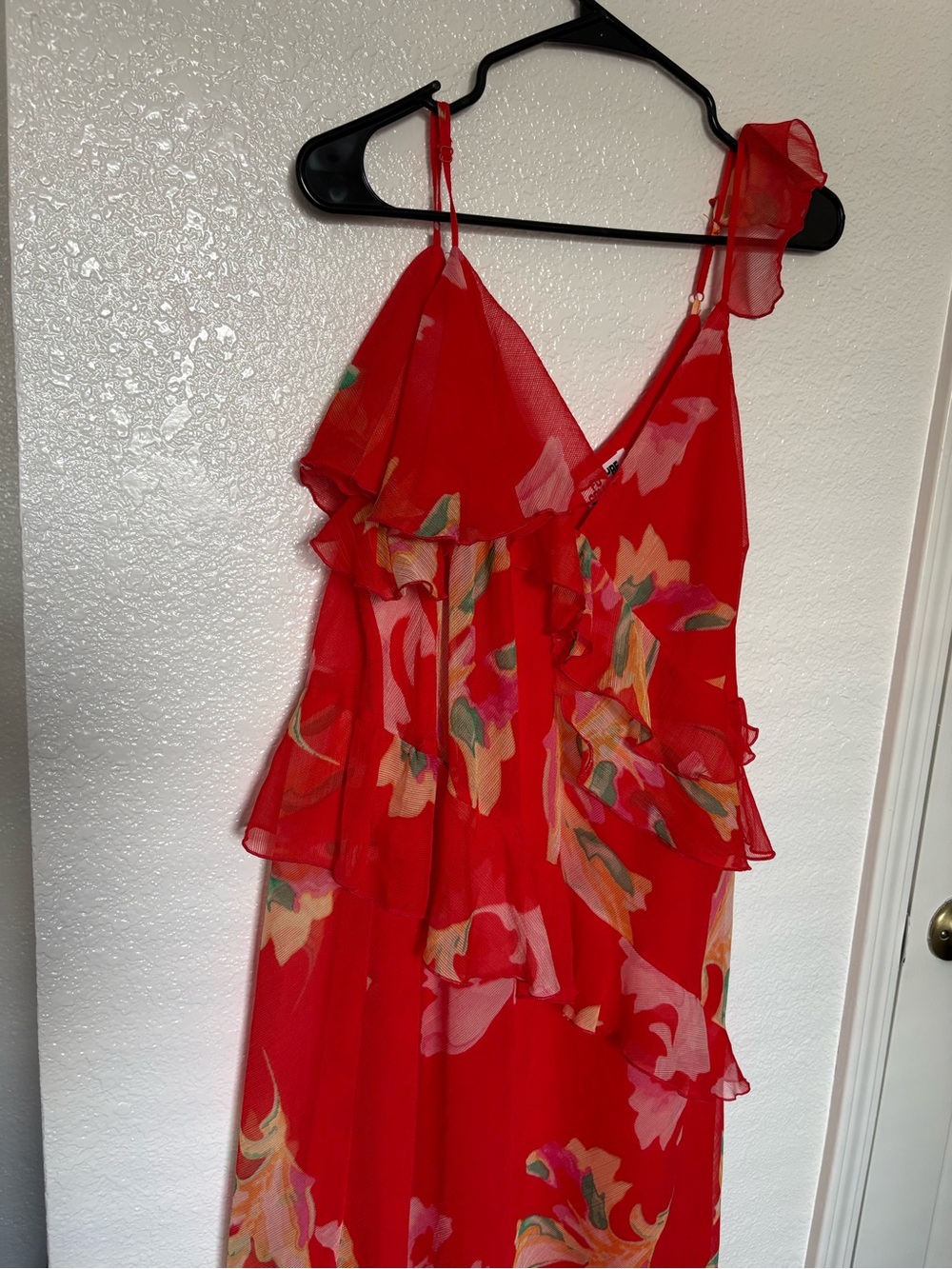 Red Floral Ruffle Maxi Dress with Spaghetti Straps